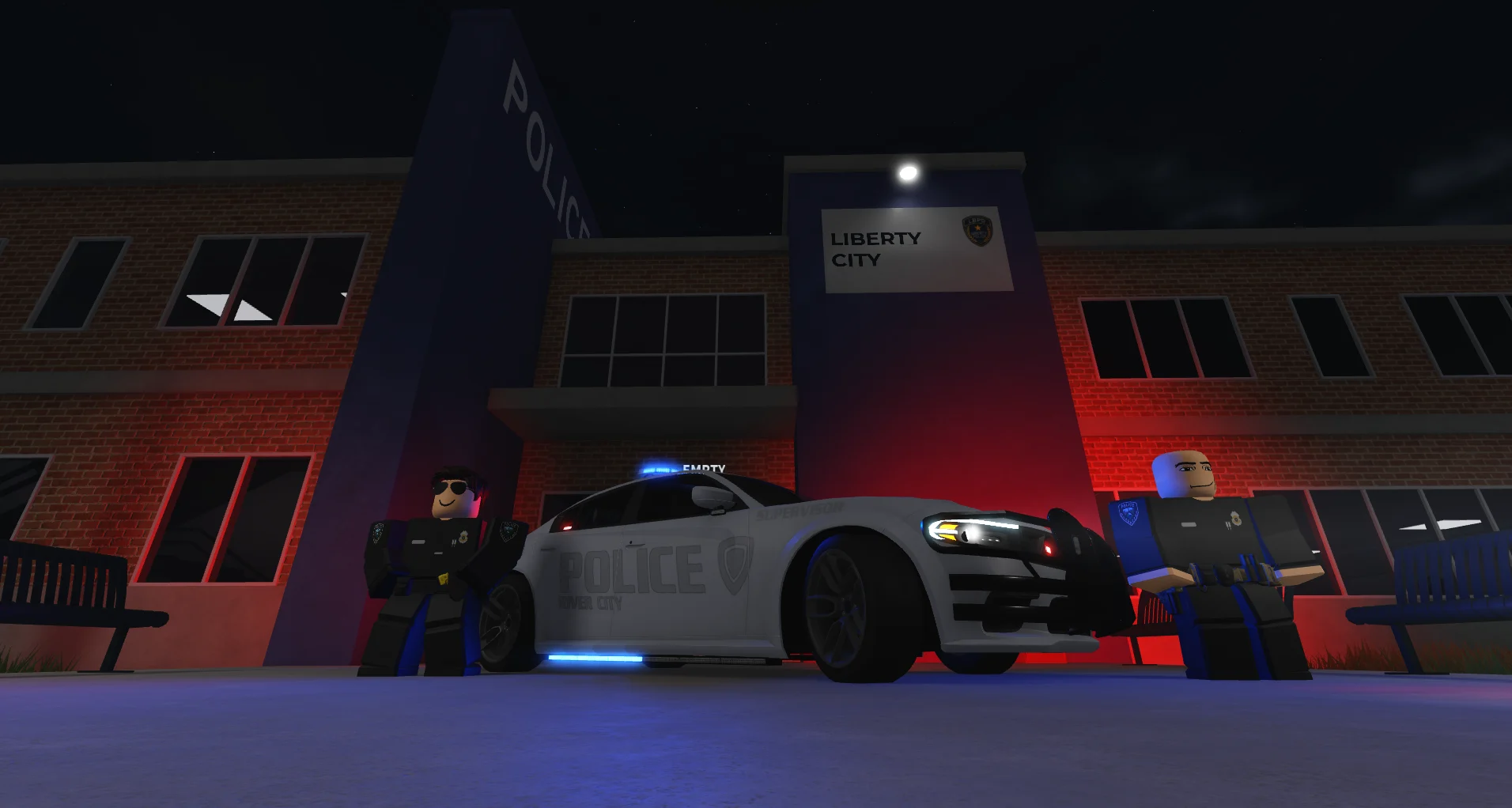 Two Liberty City officers and a patrol car outside the police station at night