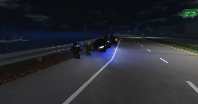 An officer and a driver talking beside a car on the highway at night
