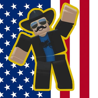 fairfaxgaming’s cowboy Roblox avatar against an American flag